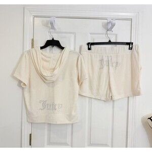 Juicy Couture Oyster Terry Cloth Short Sleeve Hoodie and Shorts Set XL NWT